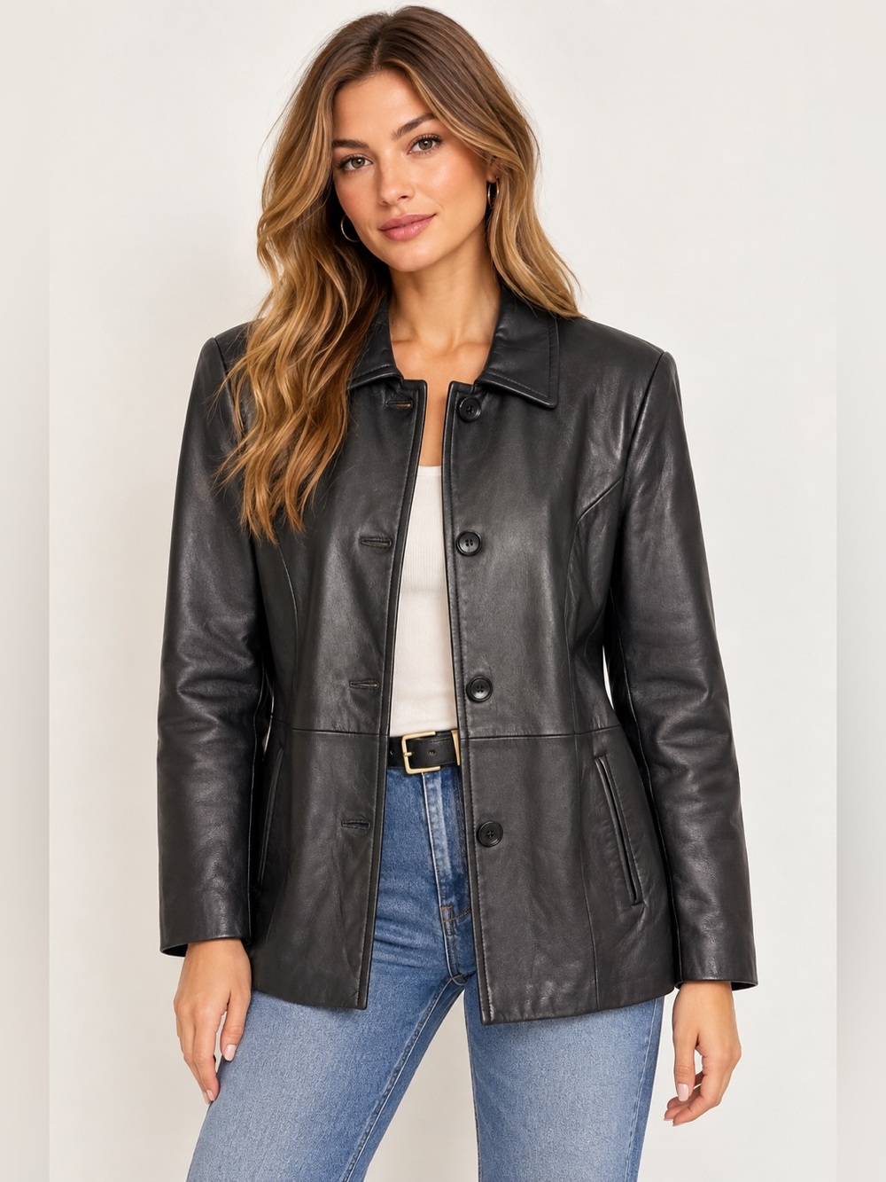 Liz Claiborne Petite Black Genuine Leather Button Front Jacket Coat LP Vintage